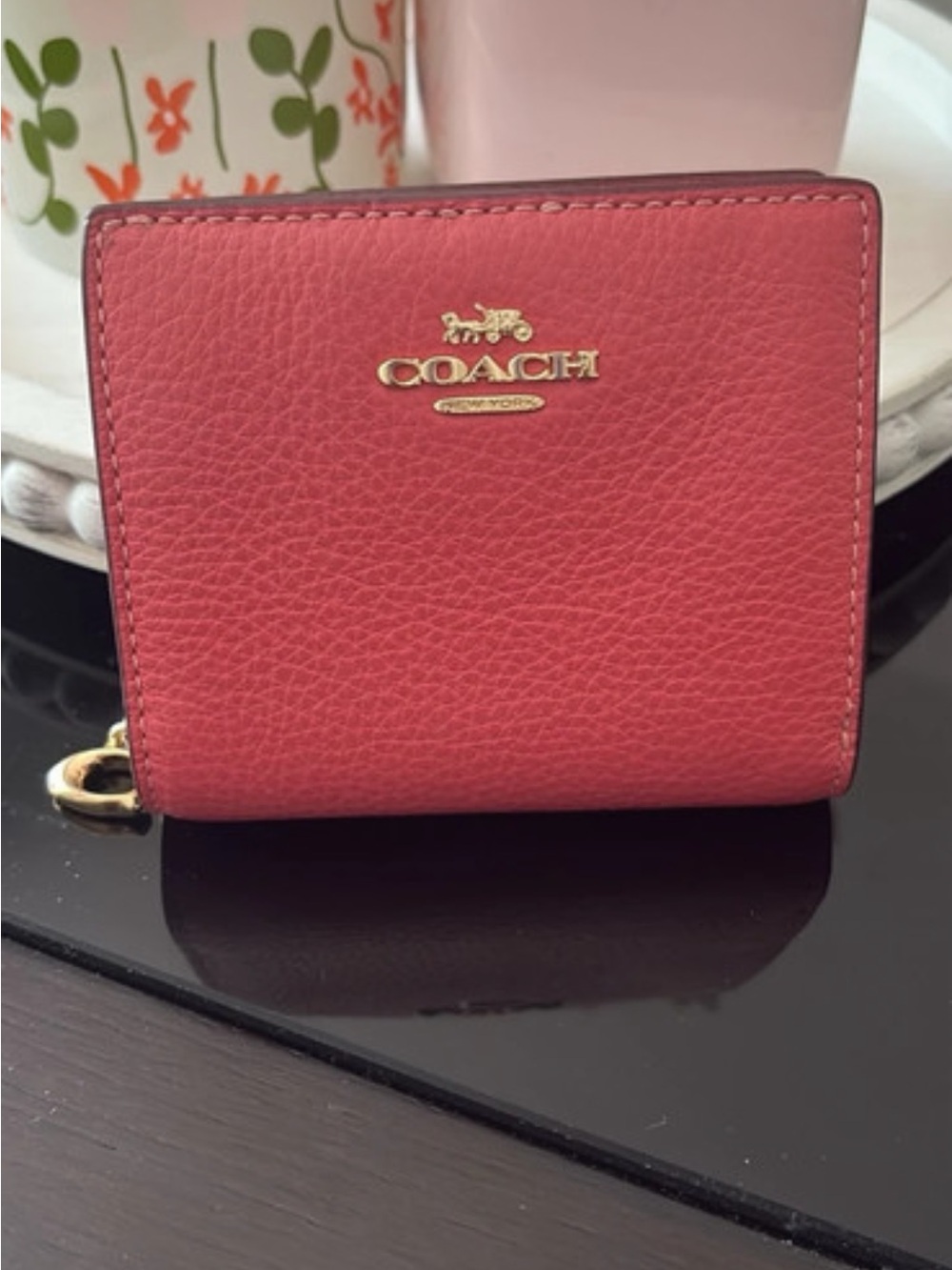 COACH Pebbled Leather Compact Wallet in Coral Pink with Gold Logo